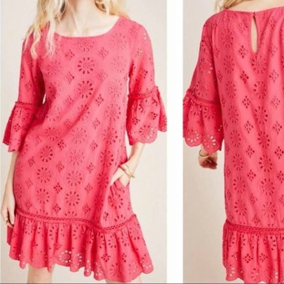 Anthropologie Dresses & Skirts - 🌸 By Anthropologie Dani Lace Eyelet Pink Drop Waist Dress – Size 6